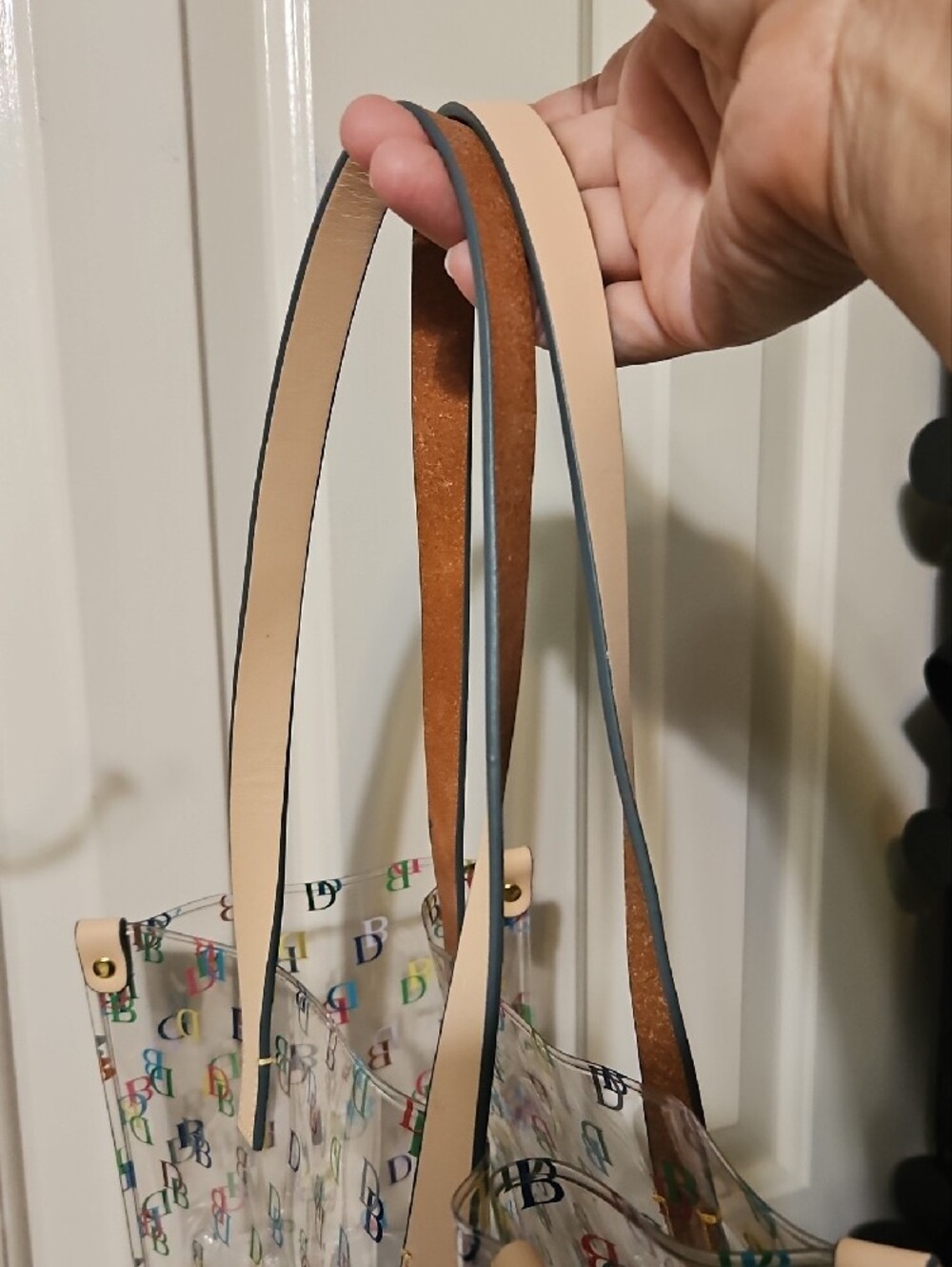 Dooney & Bourke NWOT Clear Multicolor DB Logo Tote with Tan Straps - Picture 2 of 3